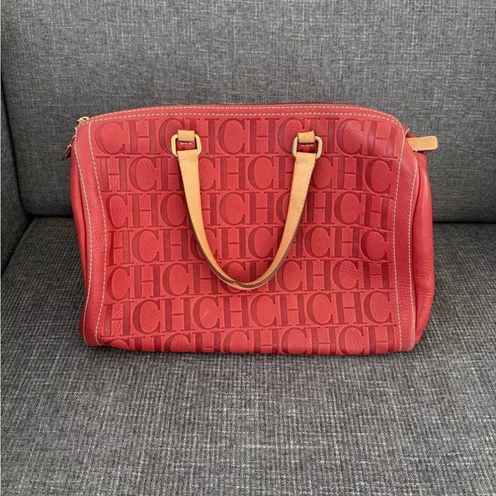 Carolina Herrera Red Monogram Embossed Leather Andy 10 Boston Bag
